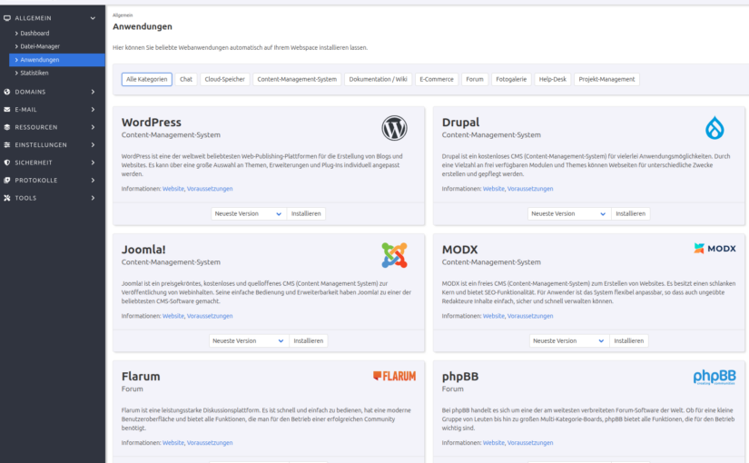 One Klick Anwendung - Übersicht alle Kategorien
